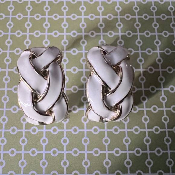 Jewelry - Vintage White Enamel Braided Silver Tone Earrings